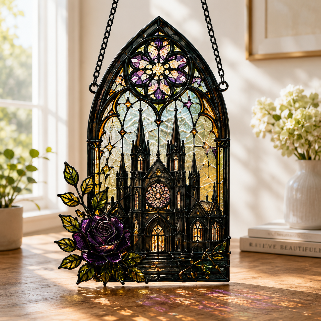Gothic Cathedral Suncatcher | Stained Glass Style Castle Window Hanging | Dark Academia Decor | Witchy Gift | Car Ornament