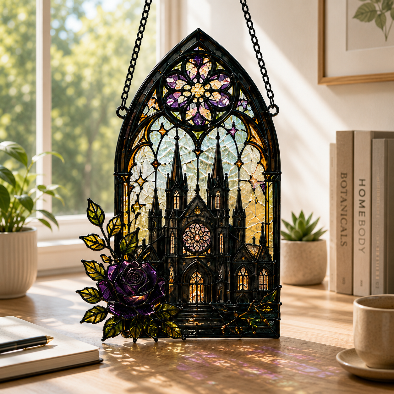 Gothic Cathedral Suncatcher | Stained Glass Style Castle Window Hanging | Dark Academia Decor | Witchy Gift | Car Ornament