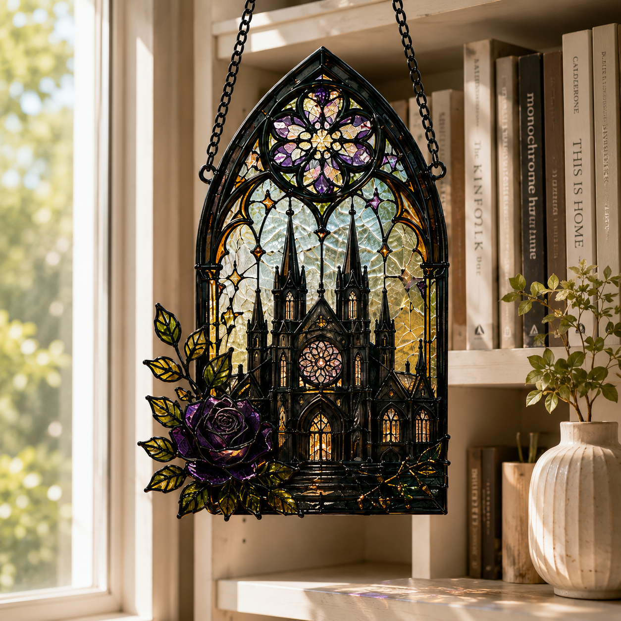 Gothic Cathedral Suncatcher | Stained Glass Style Castle Window Hanging | Dark Academia Decor | Witchy Gift | Car Ornament