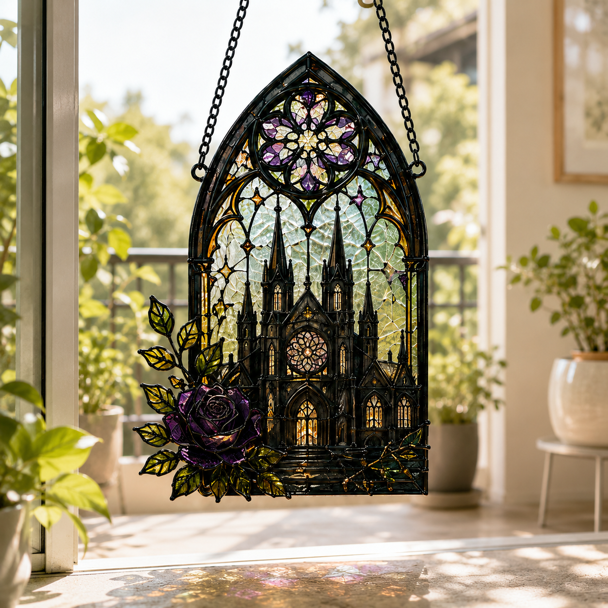 Gothic Cathedral Suncatcher | Stained Glass Style Castle Window Hanging | Dark Academia Decor | Witchy Gift | Car Ornament