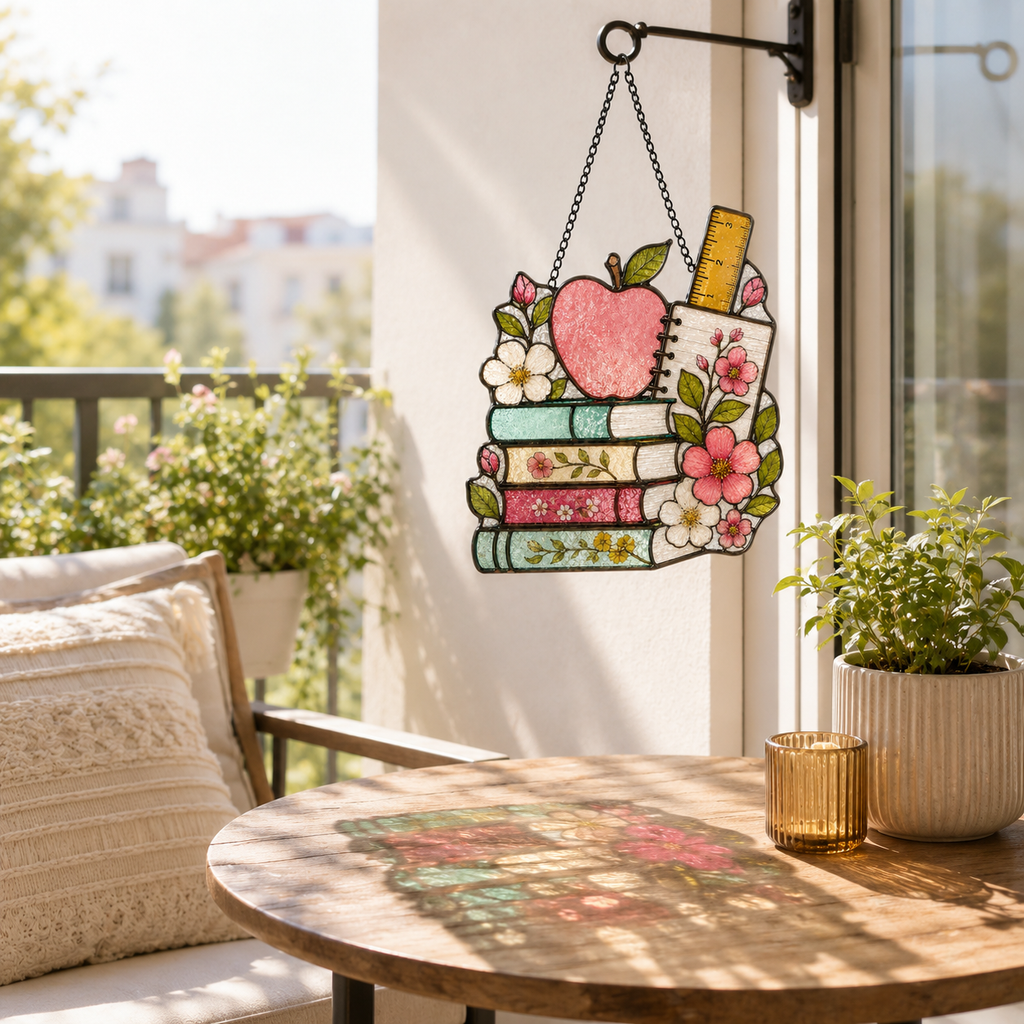 Back to School Suncatcher | Apple Books Stained Glass Style Window Hanging | Teacher Gift | Student Gift | Car Ornament