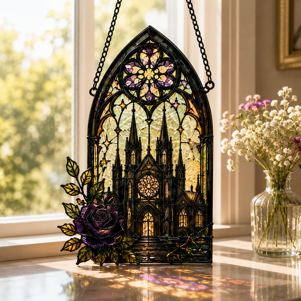 Black Cat Moon Suncatcher | Stained Glass Style Window Hanging | Gothic Rose Cat Decor | Witchy Gift | Car Ornament