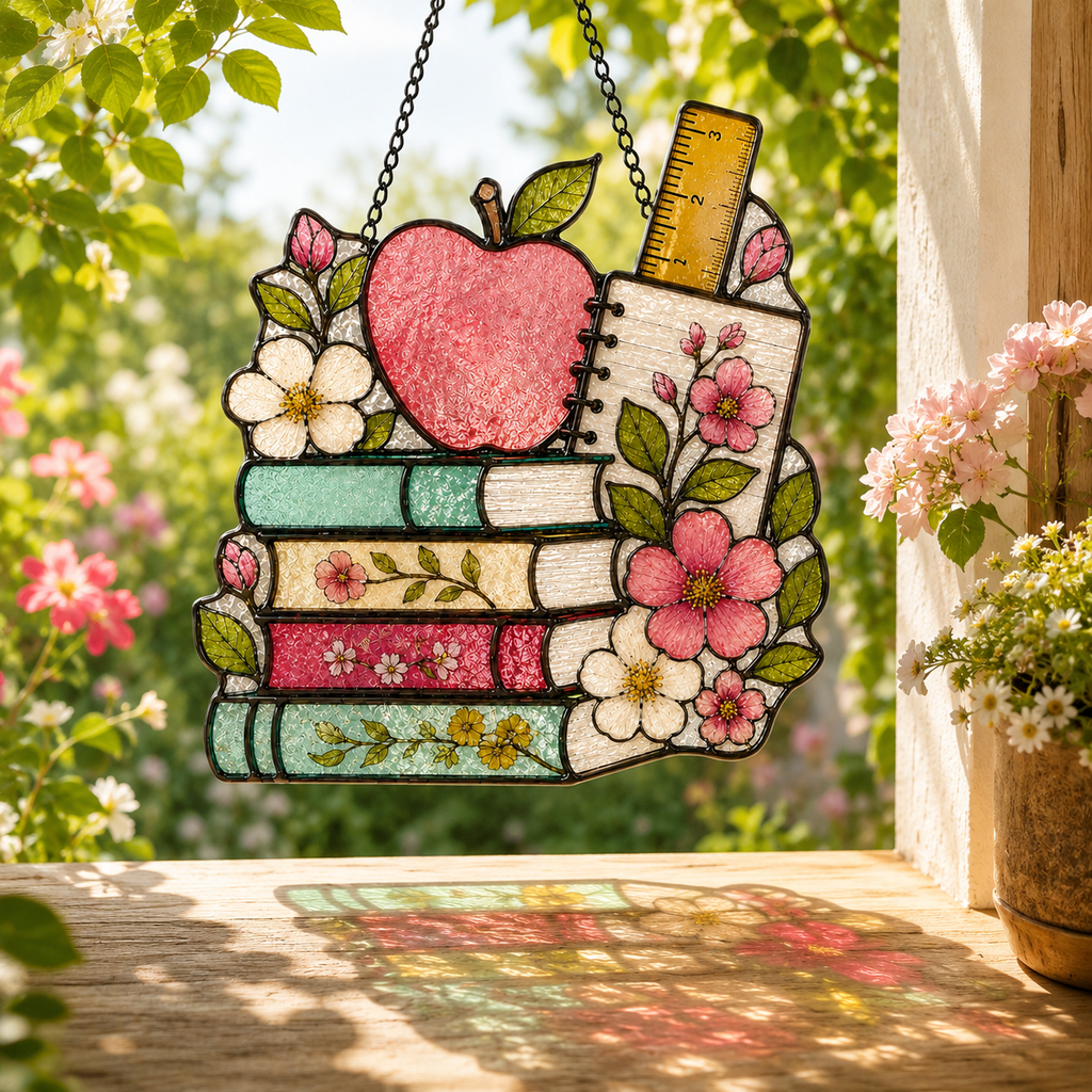 Back to School Suncatcher | Apple Books Stained Glass Style Window Hanging | Teacher Gift | Student Gift | Car Ornament