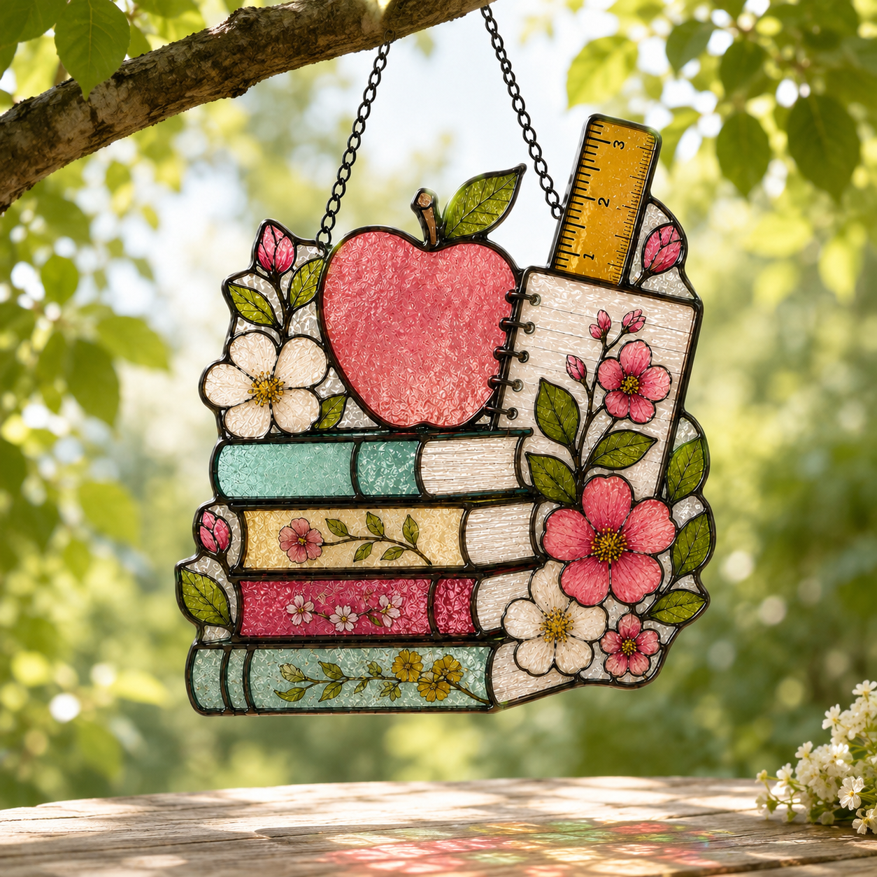 Back to School Suncatcher | Apple Books Stained Glass Style Window Hanging | Teacher Gift | Student Gift | Car Ornament