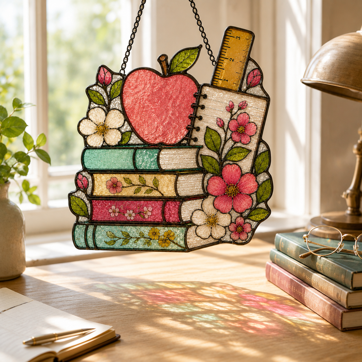 Back to School Suncatcher | Apple Books Stained Glass Style Window Hanging | Teacher Gift | Student Gift | Car Ornament