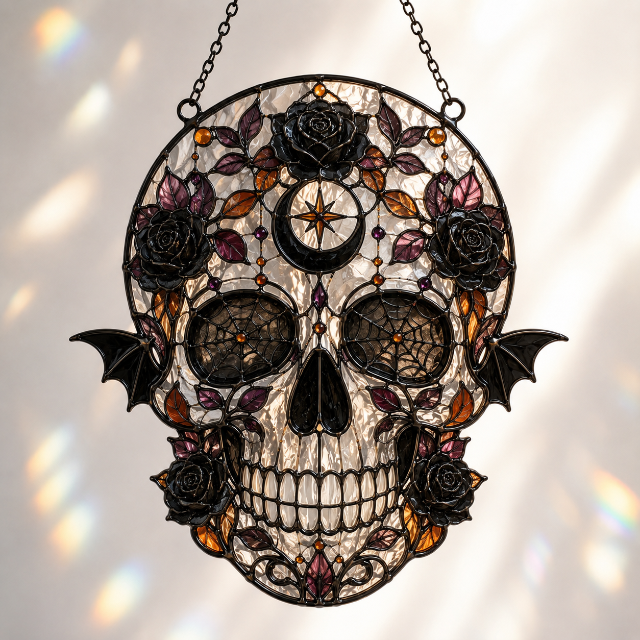 Halloween Skull Suncatcher | Bat Moon Spider Web Window Hanging | Stained Glass Style Gothic Decor | Car Ornament Gift