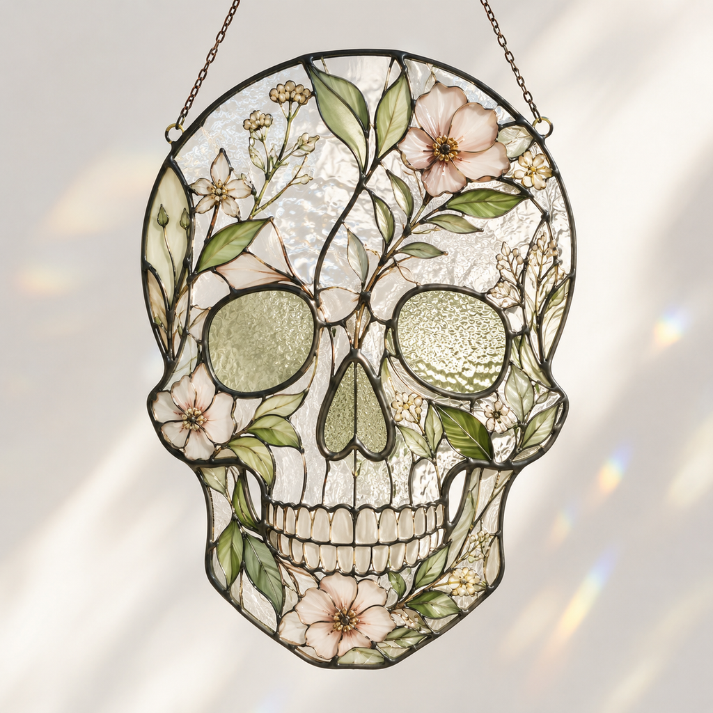 Christmas Skull Suncatcher | Stained Glass Style Window Hanging | Gothic Holiday Decor | Car Hanging Decor | Skull Lover Gift