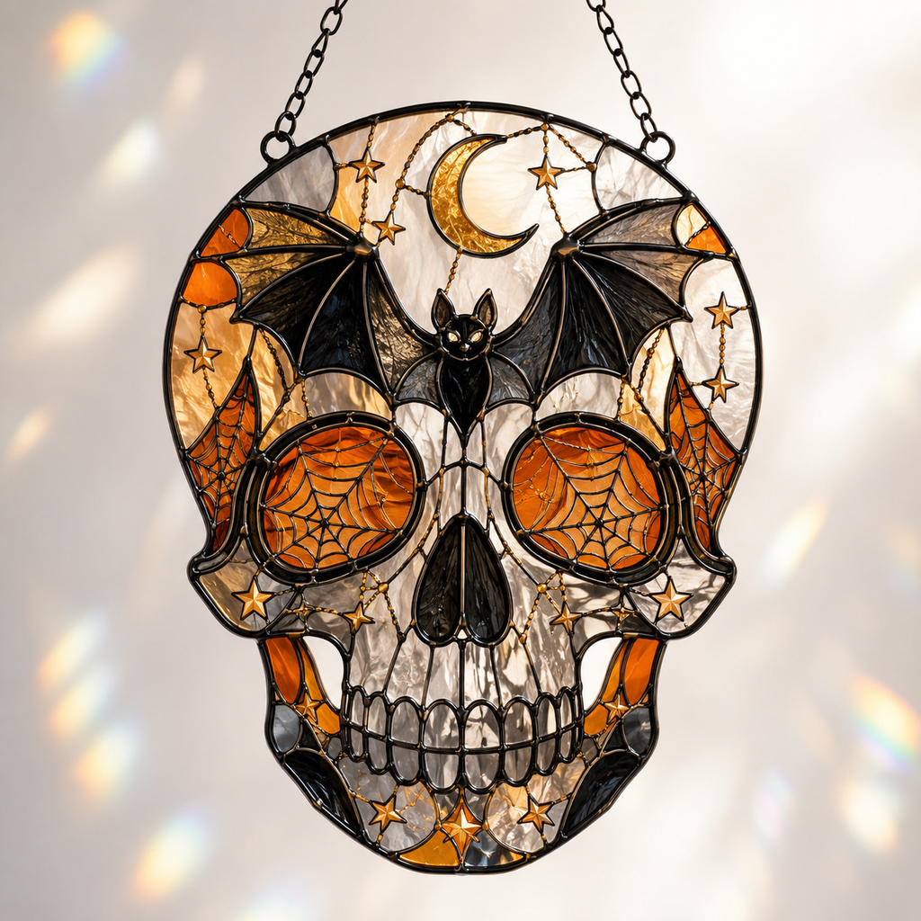 Halloween Skull Suncatcher | Stained Glass Style Window Hanging | Pumpkin Bat Moon Decor | Car Hanging Decor | Gothic Gift