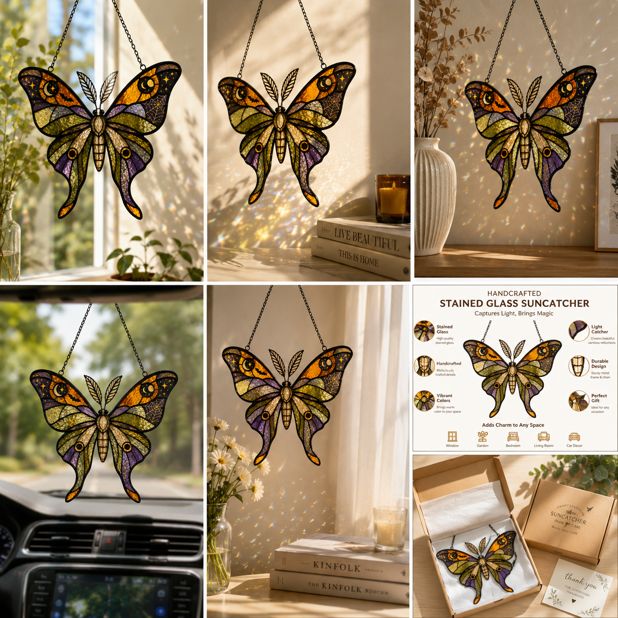 Halloween Luna Moth Suncatcher | Stained Glass Style Window Hanging | Witchy Moon Star Decor | Car Hanging Decor | Moth Gift