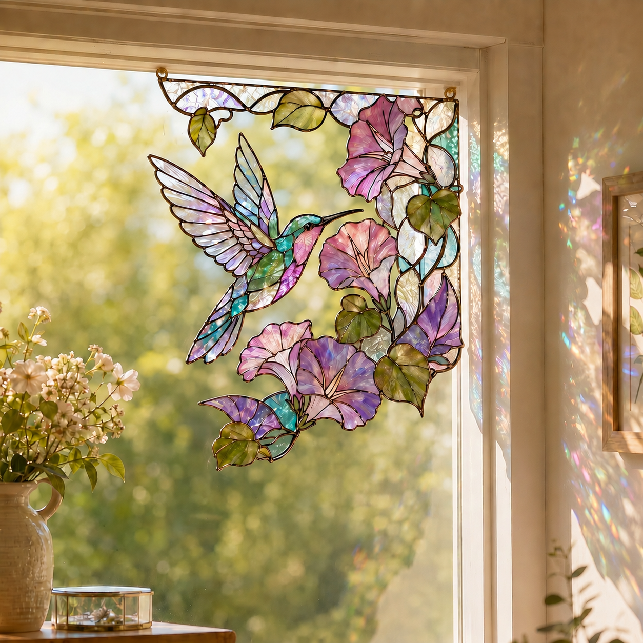 Hummingbird Floral Stained Glass Window Corner Decor – Botanical Glass Hanging Ornament