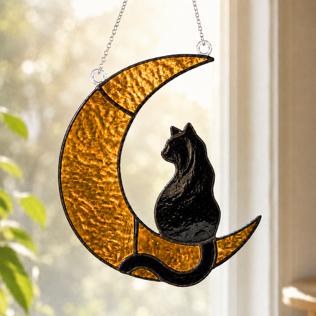 Black Cat Crescent Moon Stained Glass Suncatcher – Witchy Celestial Window Hanging