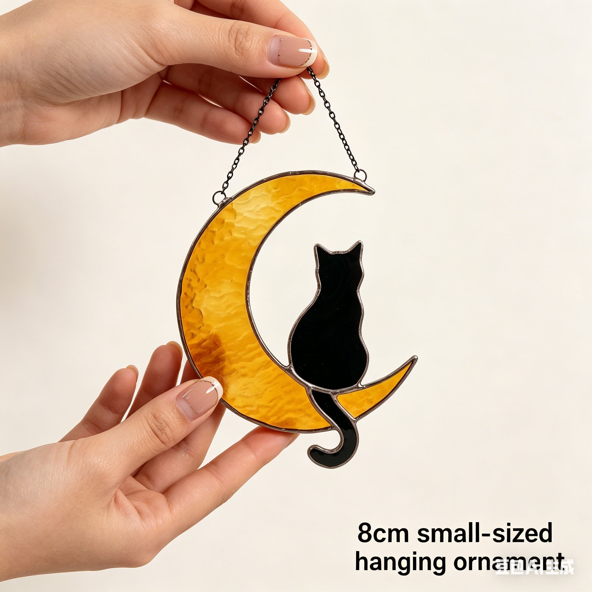 Black Cat Crescent Moon Stained Glass Suncatcher – Witchy Cat Window Hanging