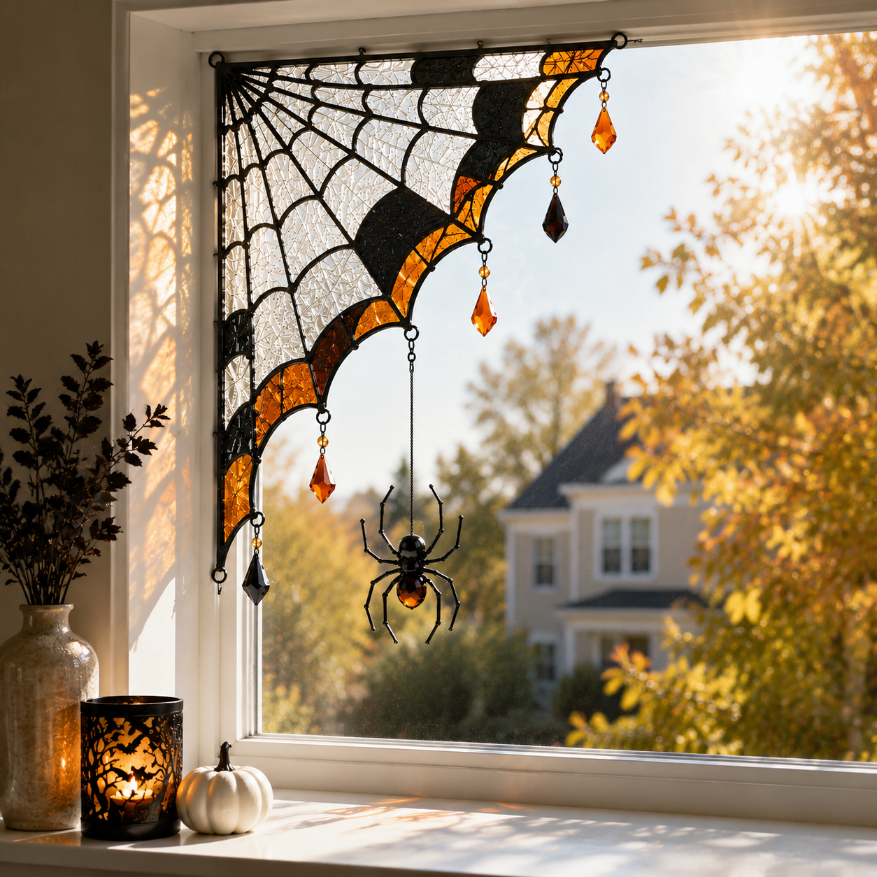 Halloween Spider Web Stained Glass Window Corner Decor with Hanging Spider