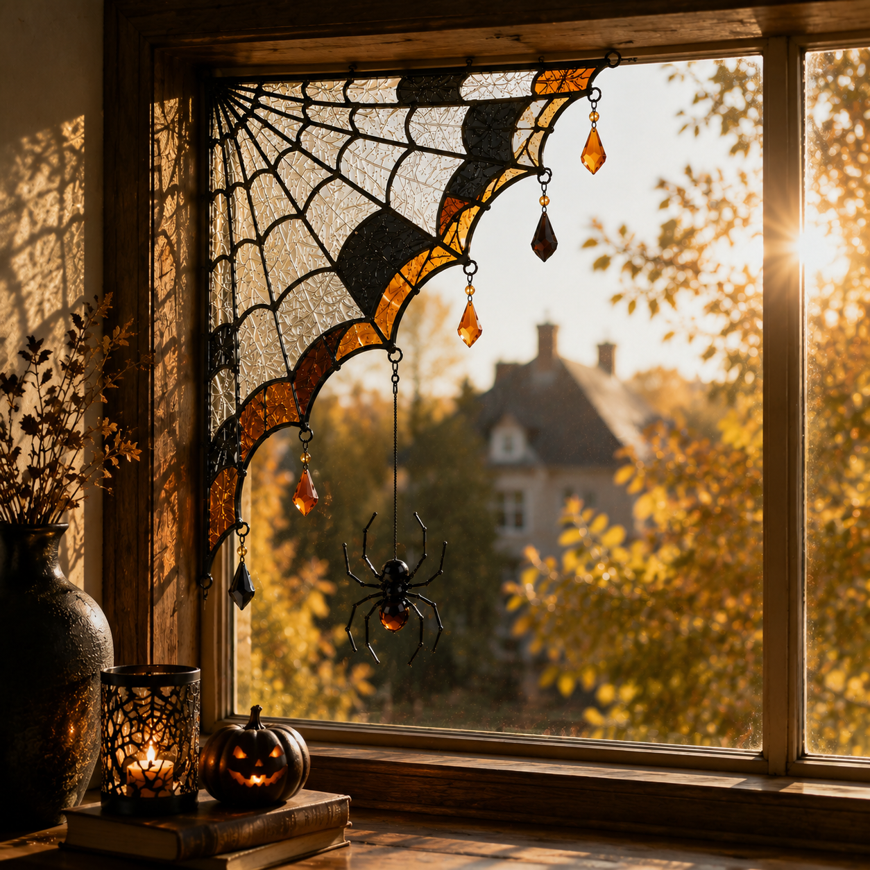 Halloween Spider Web Stained Glass Window Corner Decor with Hanging Spider