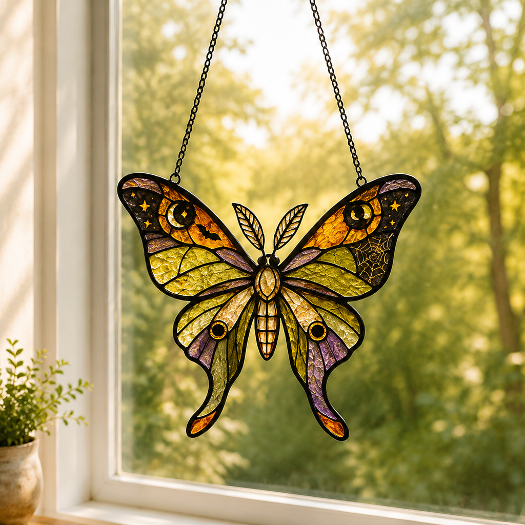 Halloween Luna Moth Suncatcher | Stained Glass Style Window Hanging | Witchy Moon Star Decor | Car Hanging Decor | Moth Gift
