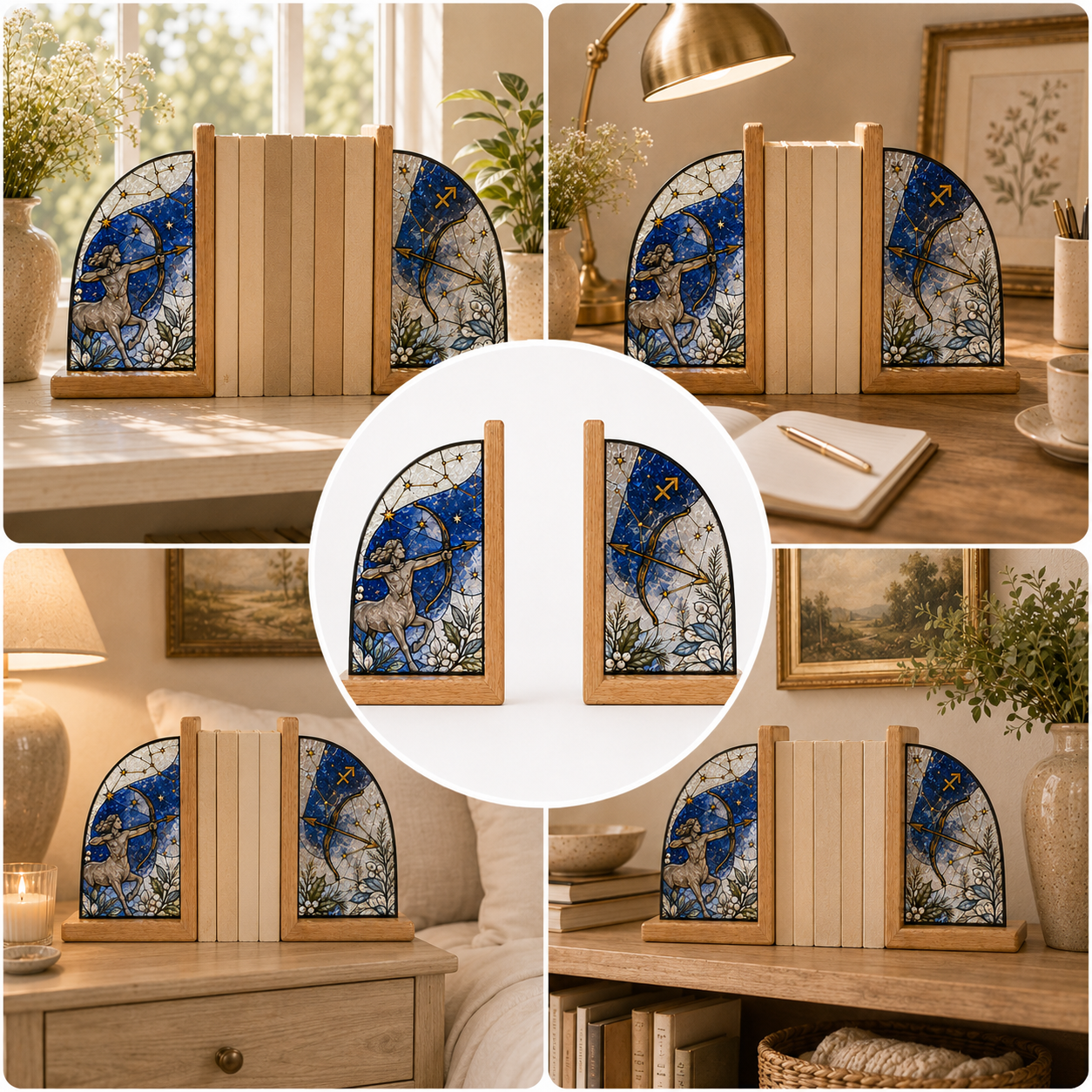 Sagittarius Zodiac Bookends | Wood Glass Bookend Set | Astrology Bookshelf Decor | Stained Glass Style Book Holder | Sagittarius Gift