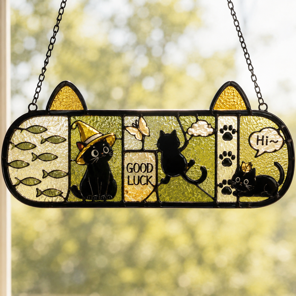 Cute Black Cat Stained Glass Wall Key Holder with 5 Hooks – Entryway Organizer