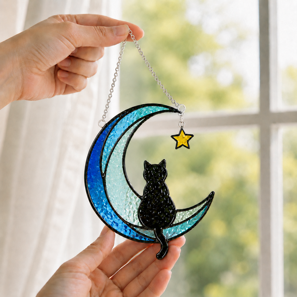 Blue Crescent Moon Black Cat Stained Glass Suncatcher – Celestial Cat Window Hanging Decor