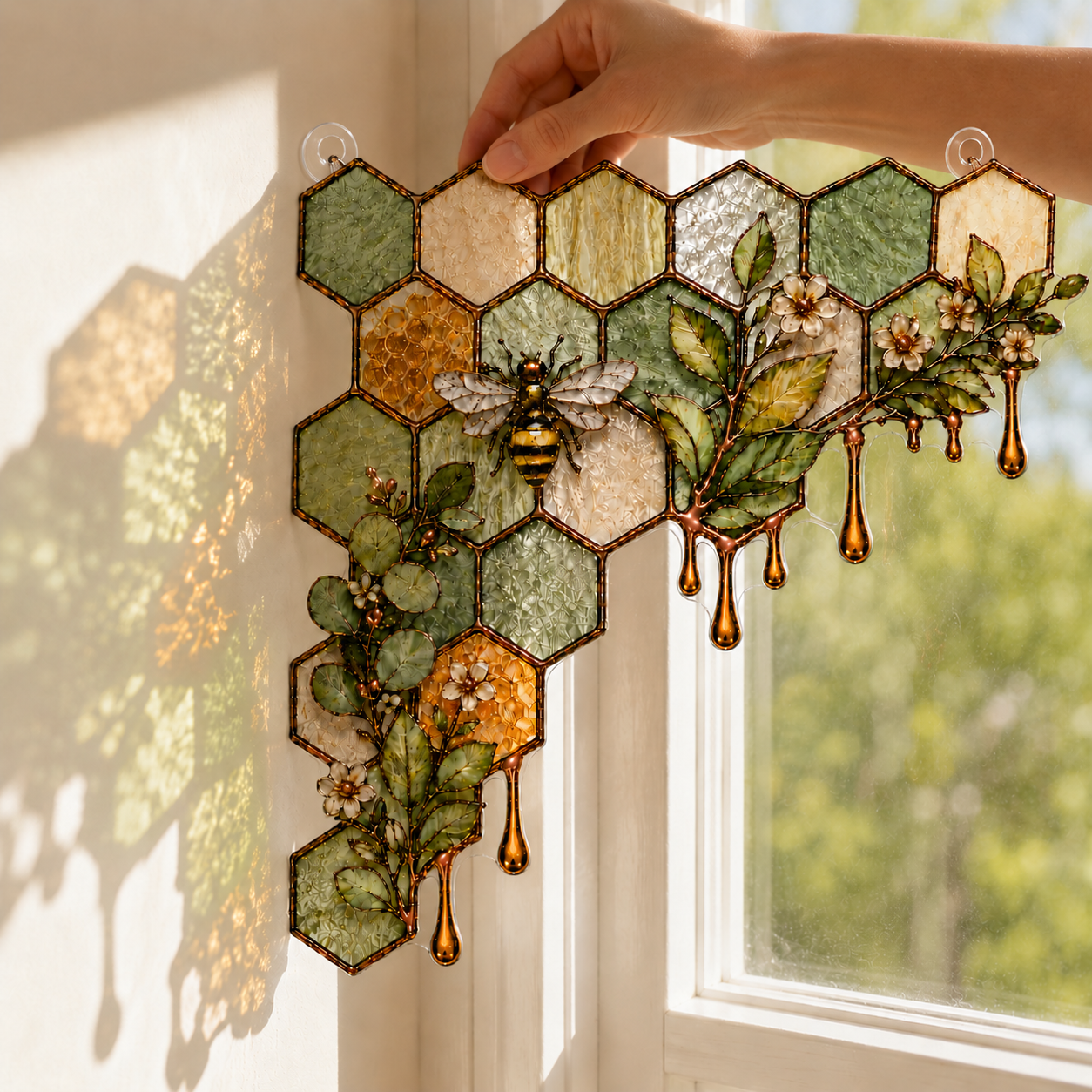 Honeybee & Honeycomb Stained Glass Window Corner Hanging Ornament – Botanical Bee Decor