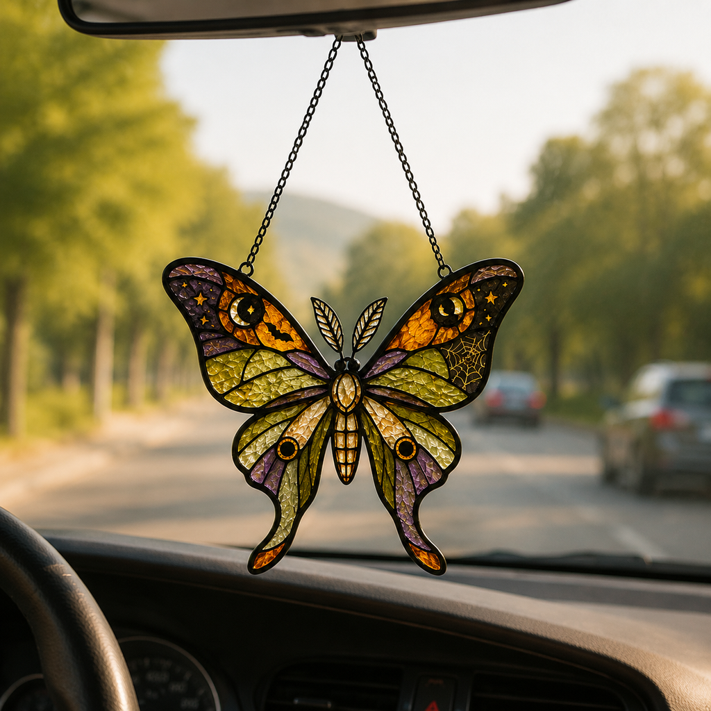Halloween Luna Moth Suncatcher | Stained Glass Style Window Hanging | Witchy Moon Star Decor | Car Hanging Decor | Moth Gift