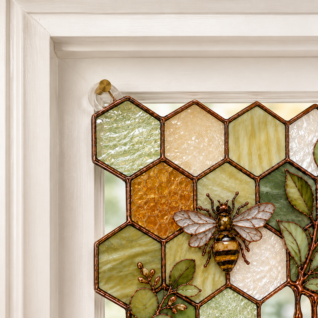 Honeybee & Honeycomb Stained Glass Window Corner Hanging Ornament – Botanical Bee Decor