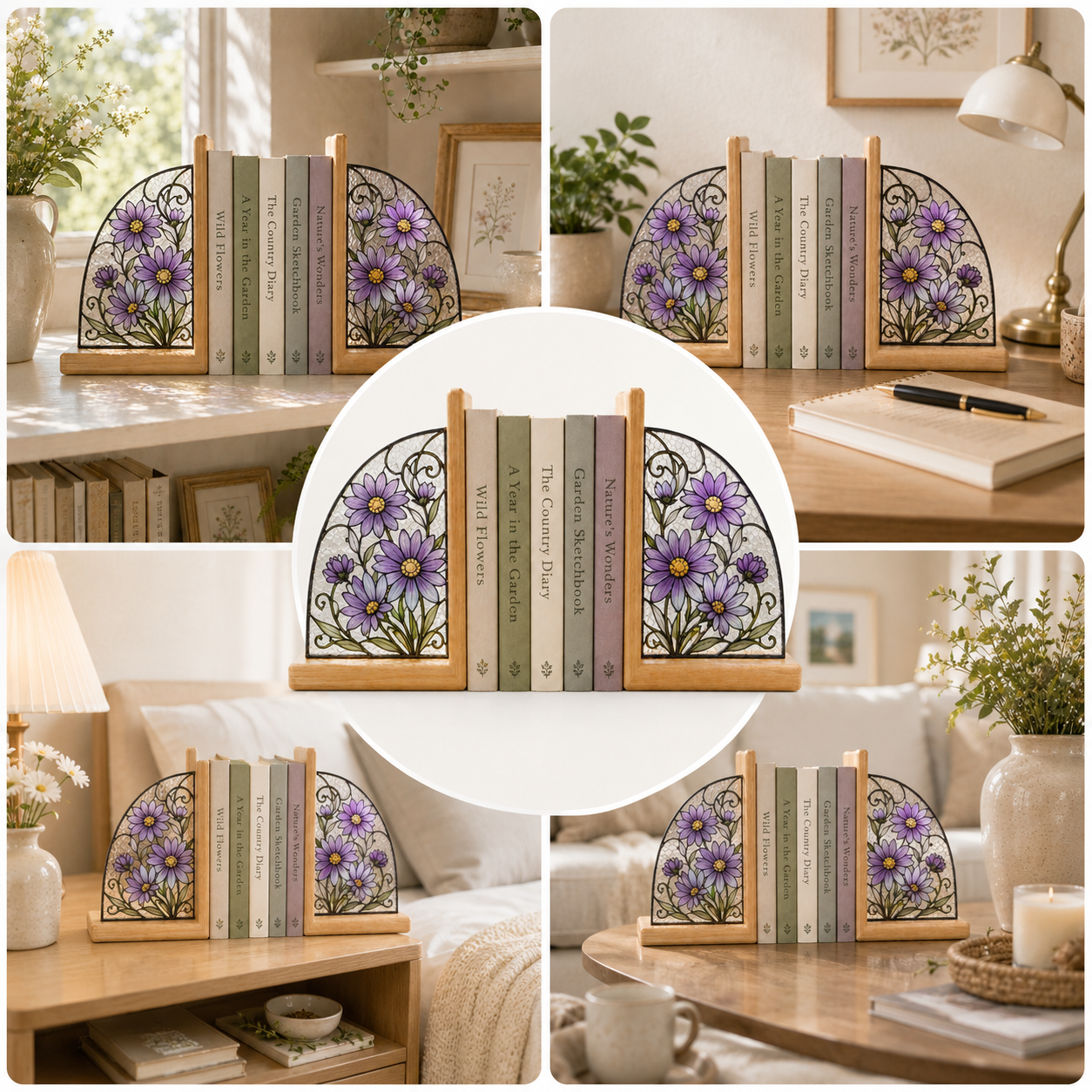 September Birth Flower Bookends | Aster Floral Wood Glass Bookend Set | Virgo Libra Birthday Gift | Bookshelf Decor
