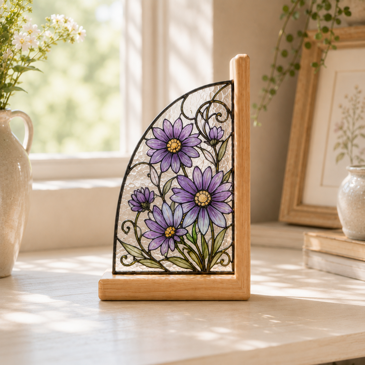 September Birth Flower Bookends | Aster Floral Wood Glass Bookend Set | Virgo Libra Birthday Gift | Bookshelf Decor