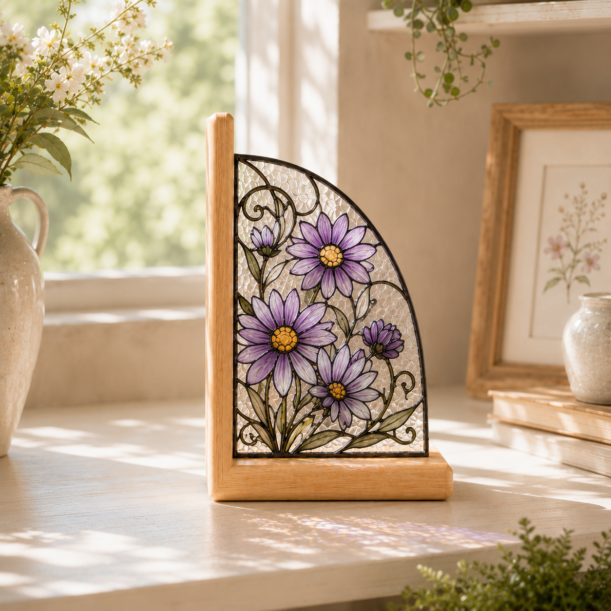 September Birth Flower Bookends | Aster Floral Wood Glass Bookend Set | Virgo Libra Birthday Gift | Bookshelf Decor