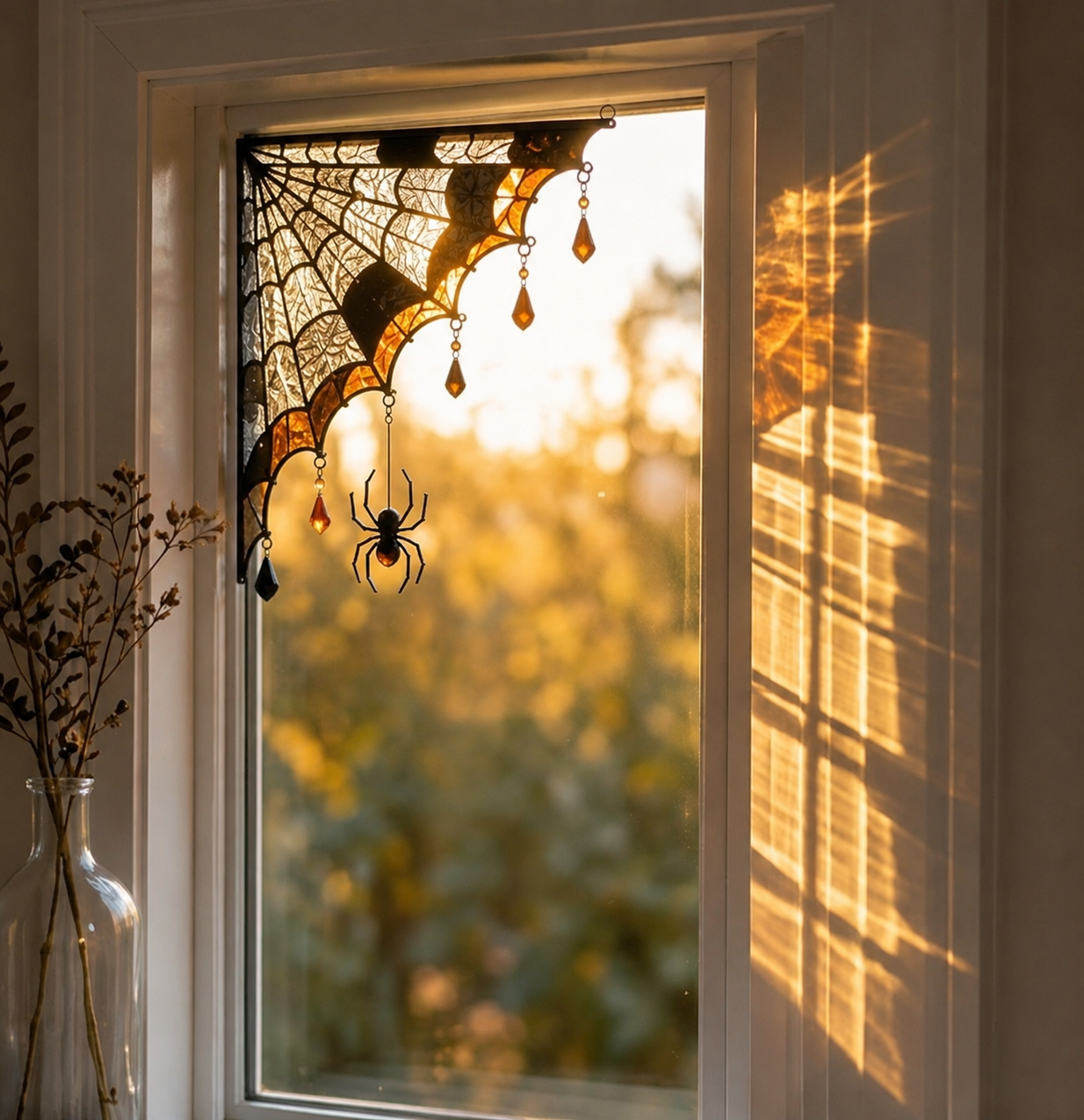 Halloween Spider Web Stained Glass Window Corner Decor with Hanging Spider