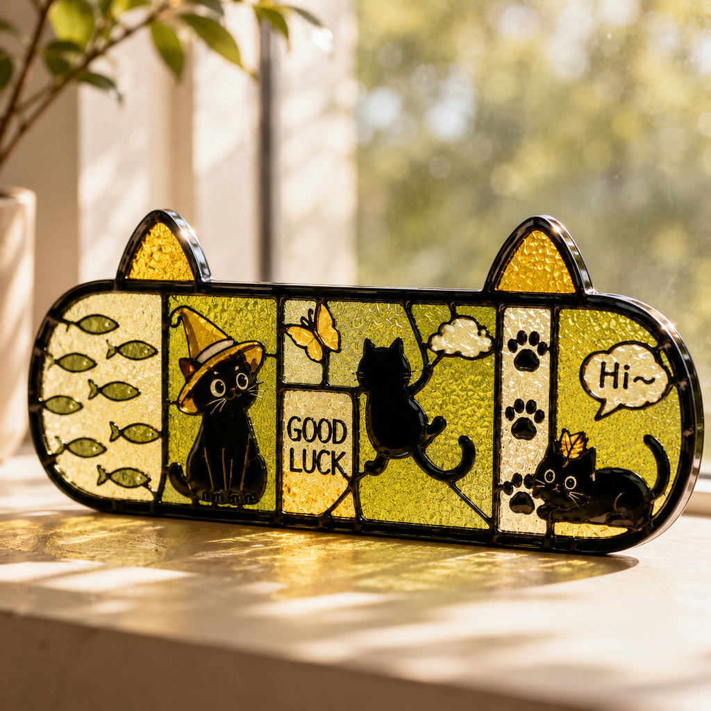 Cute Black Cat Stained Glass Wall Key Holder with 5 Hooks – Entryway Organizer