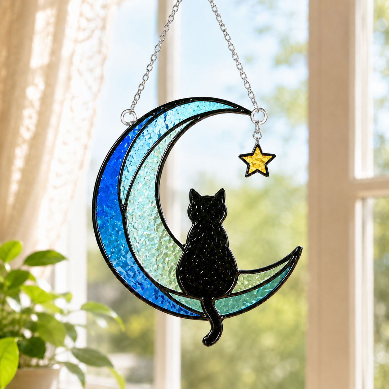 Blue Crescent Moon Black Cat Stained Glass Suncatcher – Celestial Cat Window Hanging Decor