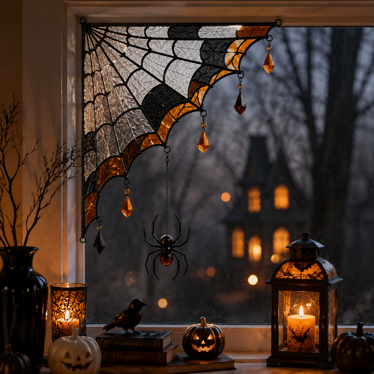 Halloween Spider Web Stained Glass Window Corner Decor with Hanging Spider