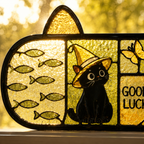 Cute Black Cat Stained Glass Wall Key Holder with 5 Hooks – Entryway Organizer