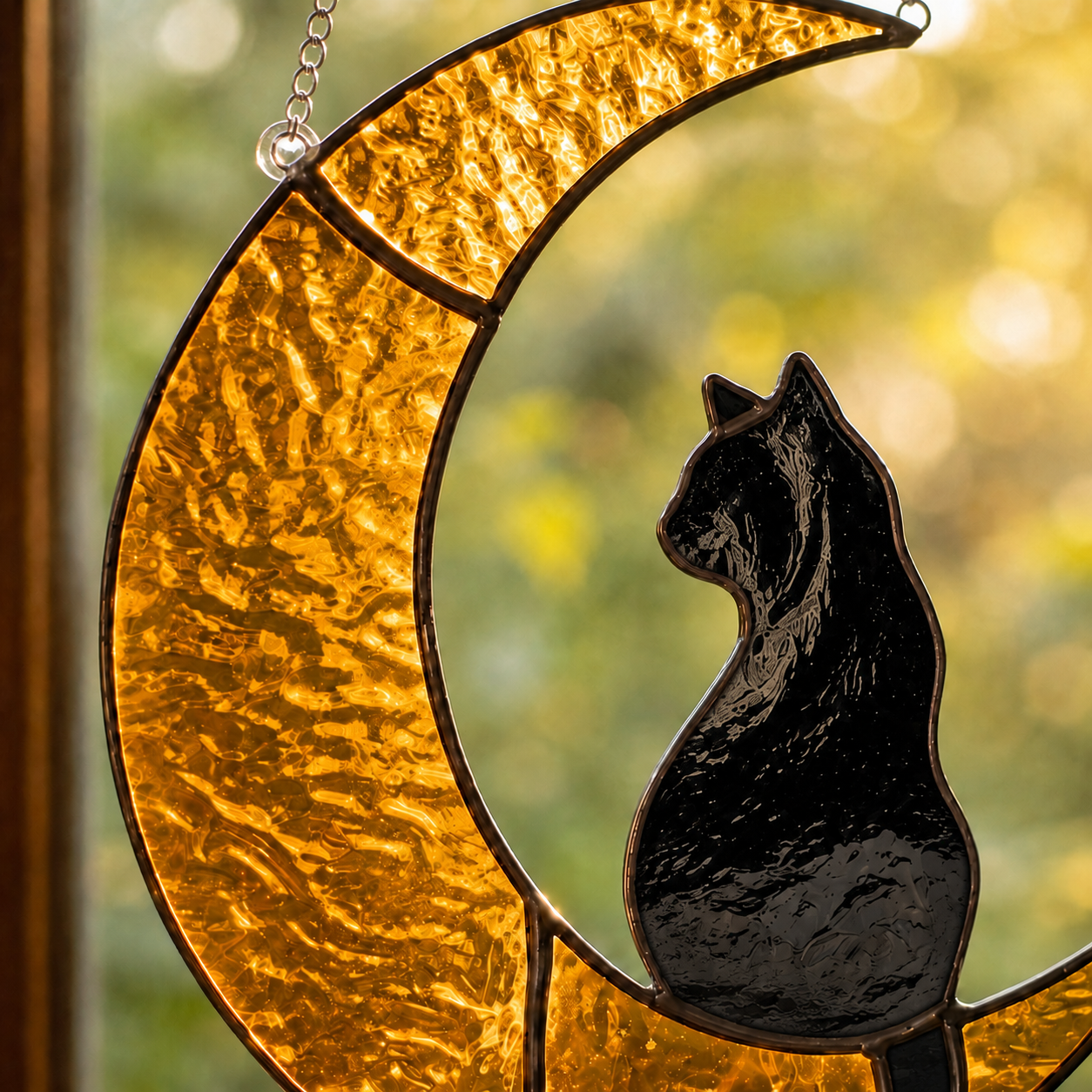 Black Cat Crescent Moon Stained Glass Suncatcher – Witchy Celestial Window Hanging