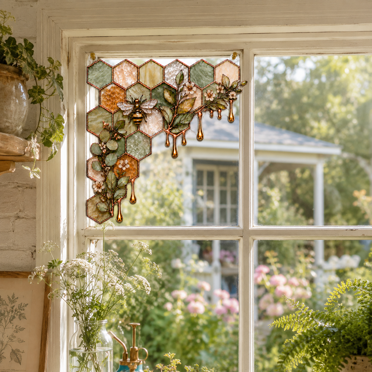 Honeybee & Honeycomb Stained Glass Window Corner Hanging Ornament – Botanical Bee Decor