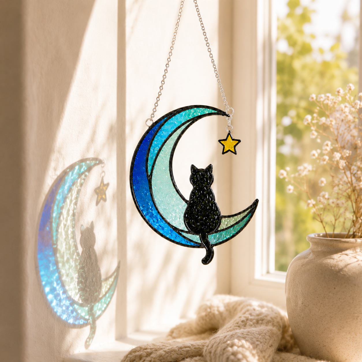 Blue Crescent Moon Black Cat Stained Glass Suncatcher – Celestial Cat Window Hanging Decor