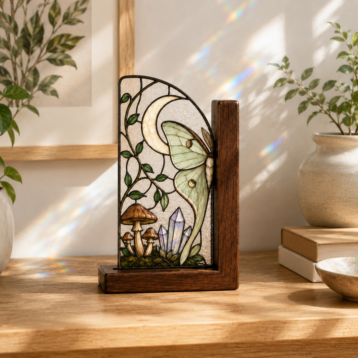 Luna Moth Bookends | Mushroom Moon Wood Glass Bookend Set | Cottagecore Bookshelf Decor | Moth Lover Gift