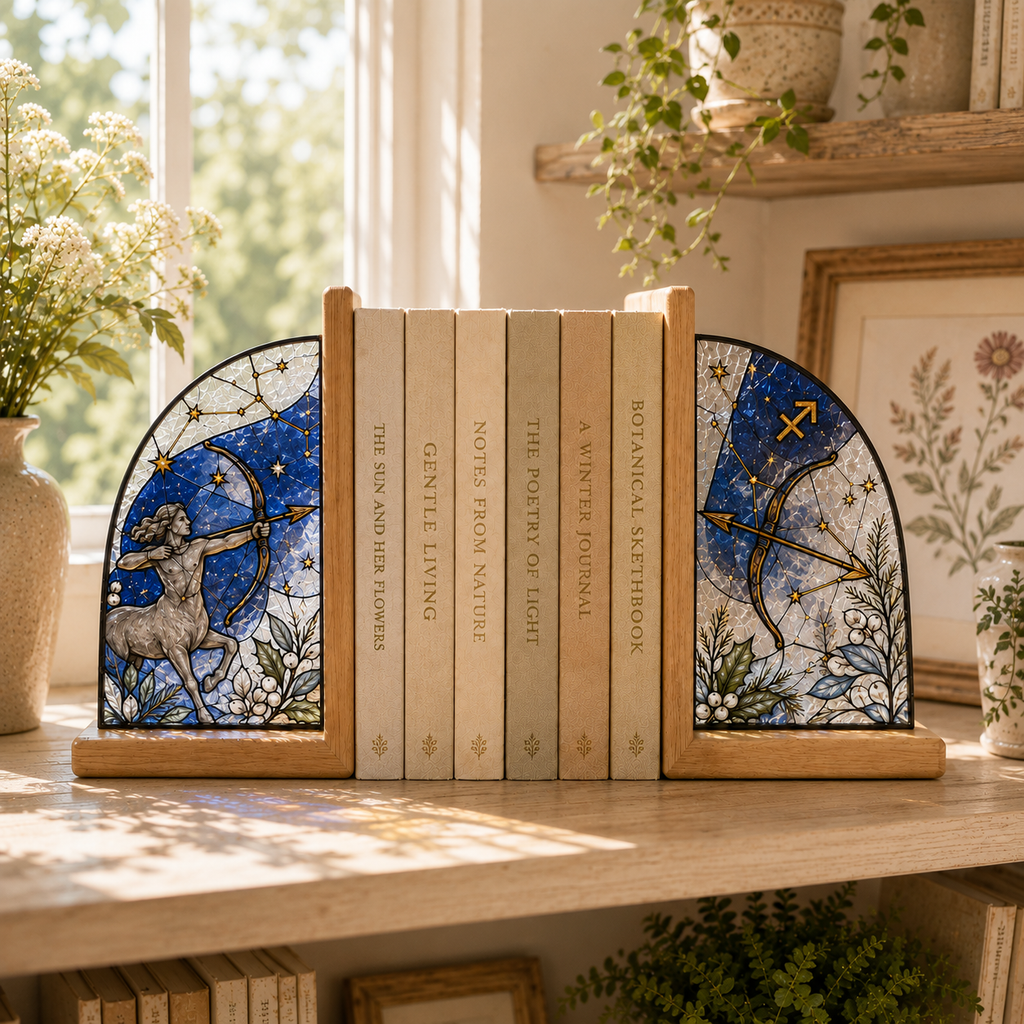 Sagittarius Zodiac Bookends | Wood Glass Bookend Set | Astrology Bookshelf Decor | Stained Glass Style Book Holder | Sagittarius Gift