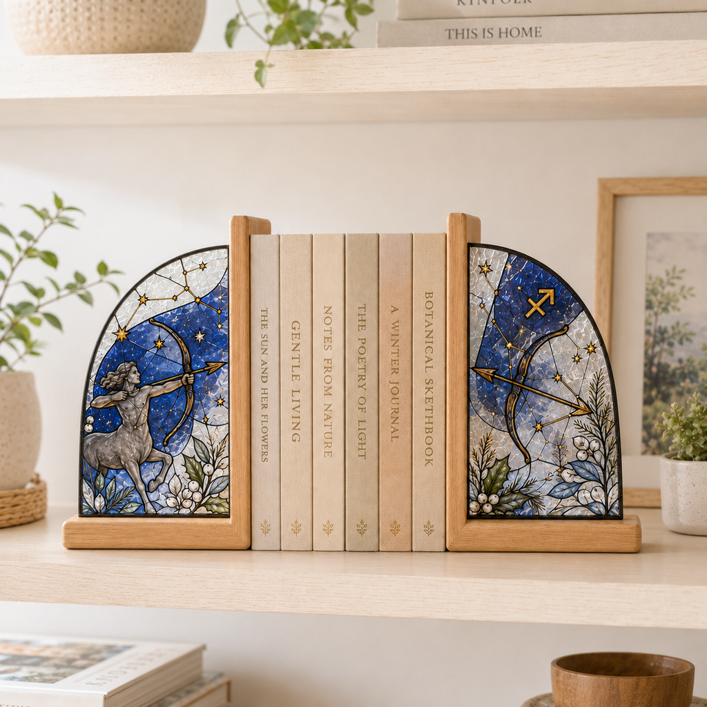 Sagittarius Zodiac Bookends | Wood Glass Bookend Set | Astrology Bookshelf Decor | Stained Glass Style Book Holder | Sagittarius Gift