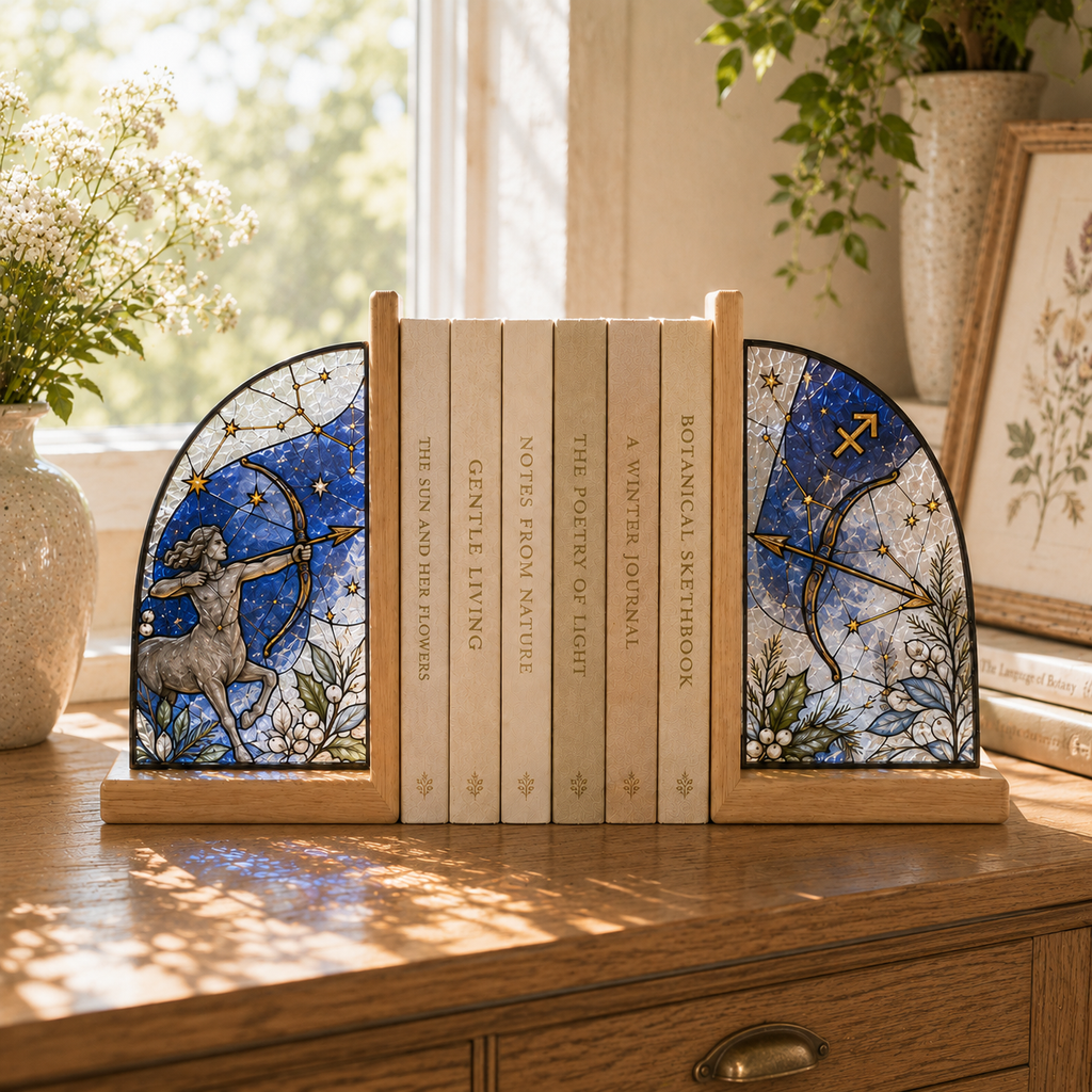 Sagittarius Zodiac Bookends | Wood Glass Bookend Set | Astrology Bookshelf Decor | Stained Glass Style Book Holder | Sagittarius Gift