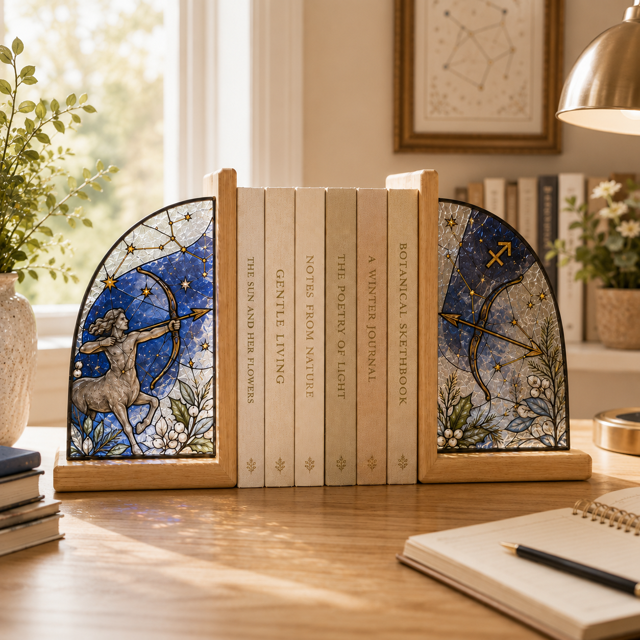Sagittarius Zodiac Bookends | Wood Glass Bookend Set | Astrology Bookshelf Decor | Stained Glass Style Book Holder | Sagittarius Gift