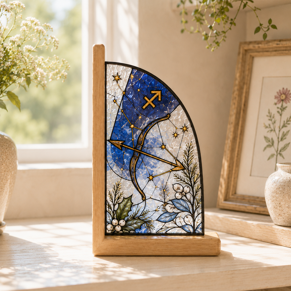 Sagittarius Zodiac Bookends | Wood Glass Bookend Set | Astrology Bookshelf Decor | Stained Glass Style Book Holder | Sagittarius Gift