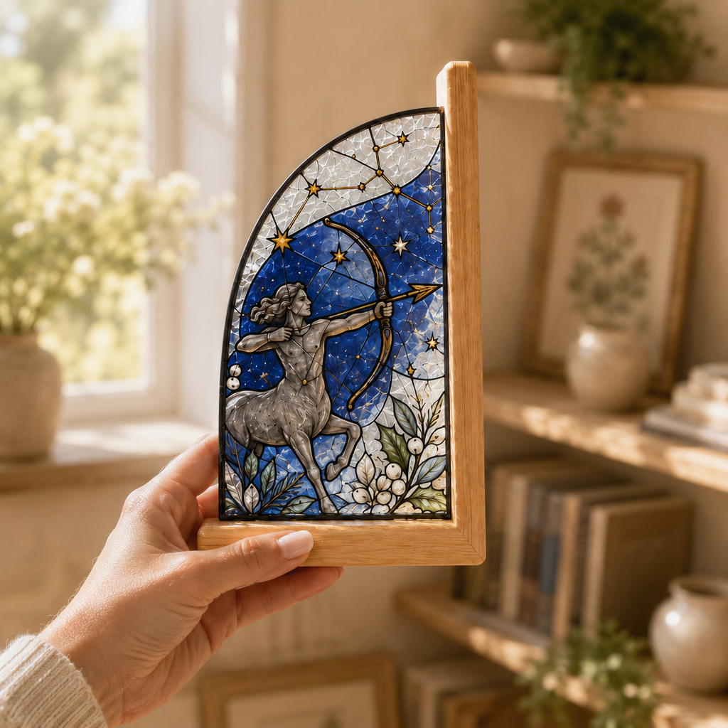 Sagittarius Zodiac Bookends | Wood Glass Bookend Set | Astrology Bookshelf Decor | Stained Glass Style Book Holder | Sagittarius Gift