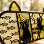Cute Black Cat Stained Glass Wall Key Holder with 5 Hooks – Entryway Organizer