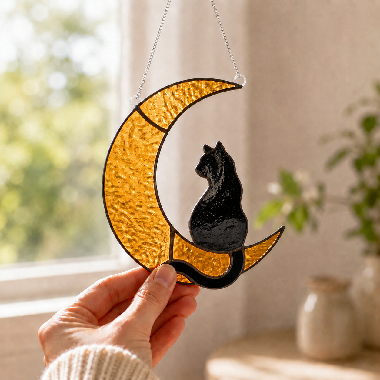 Black Cat Crescent Moon Stained Glass Suncatcher – Witchy Celestial Window Hanging