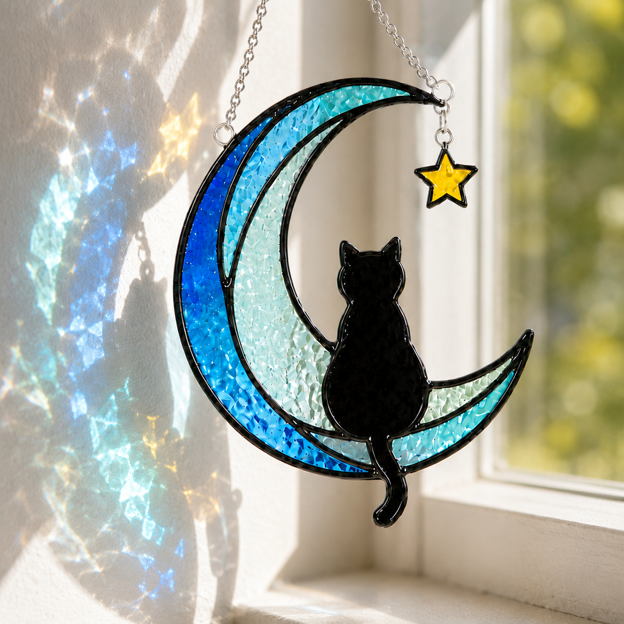 Blue Crescent Moon Black Cat Stained Glass Suncatcher – Celestial Cat Window Hanging Decor