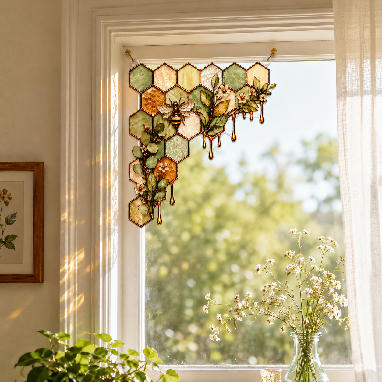 Honeybee & Honeycomb Stained Glass Window Corner Hanging Ornament – Botanical Bee Decor