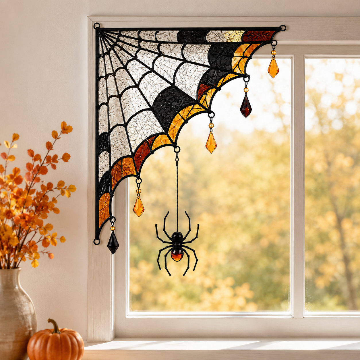 Halloween Spider Web Stained Glass Window Corner Decor with Hanging Spider