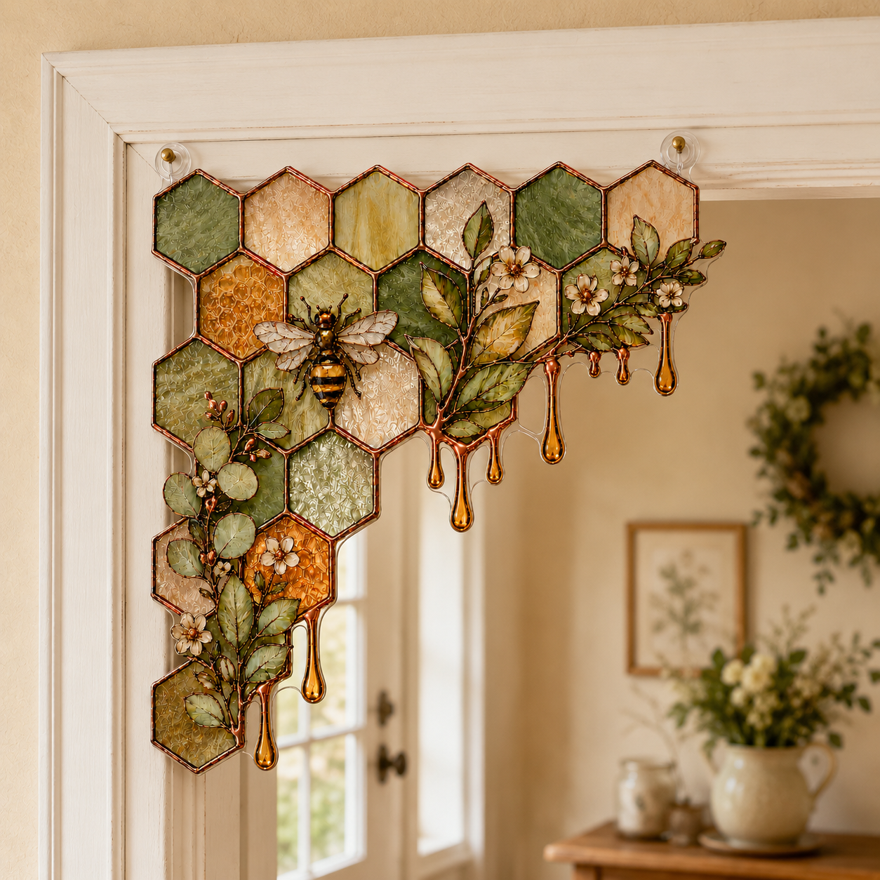Honeybee & Honeycomb Stained Glass Window Corner Hanging Ornament – Botanical Bee Decor