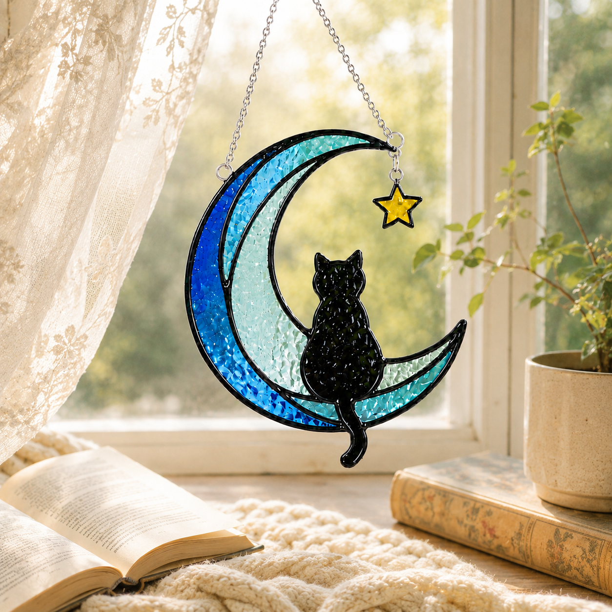 Blue Crescent Moon Black Cat Stained Glass Suncatcher – Celestial Cat Window Hanging Decor